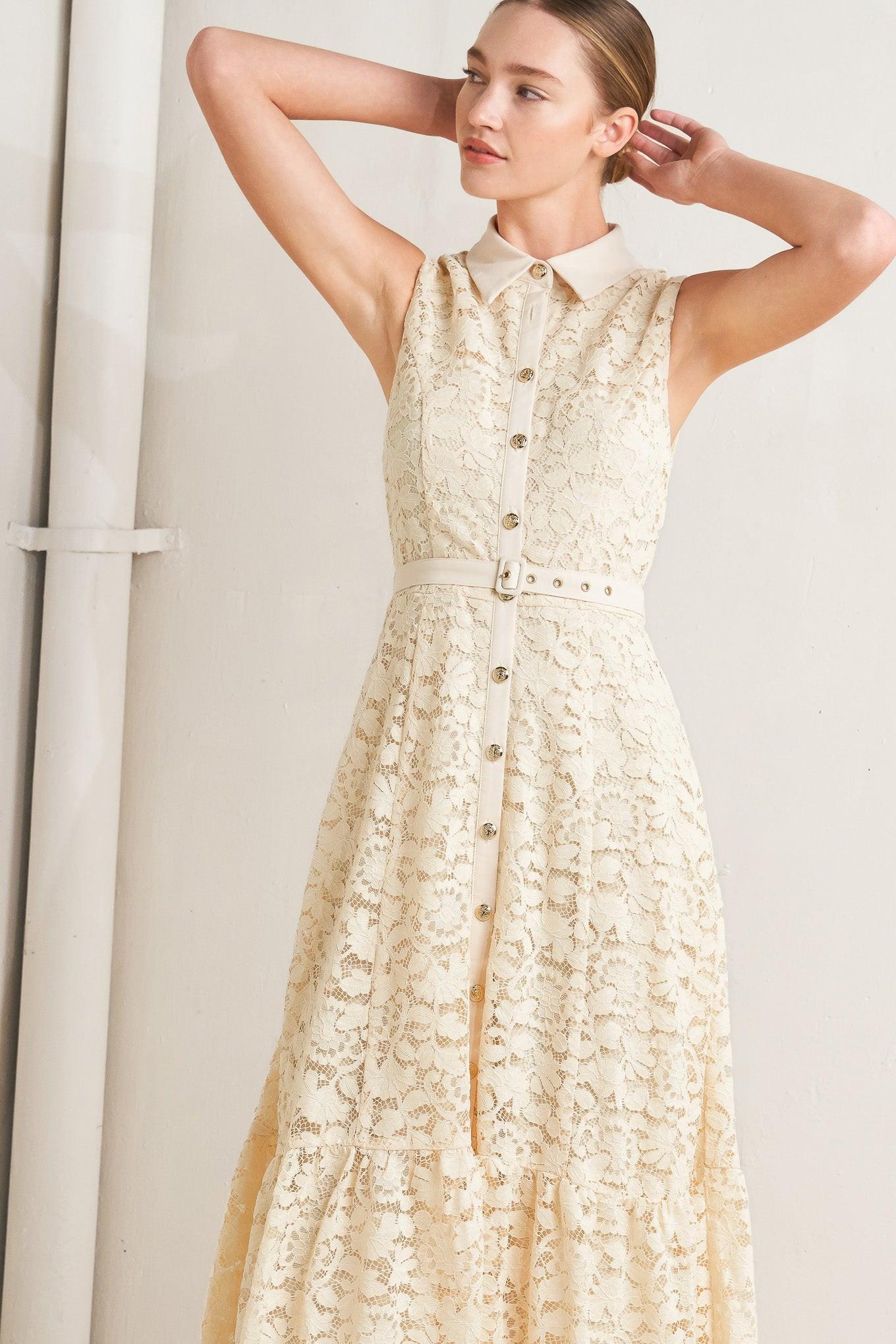 cream lace midi dress Purely Romantic Woven - Contrast Collar Placket Belt Sleeveless Button Down Ruffle Hem Lace Midi Dress wear_now_large JACKET SIZE:M Wearing true size small Women's Cable Knit Turtleneck