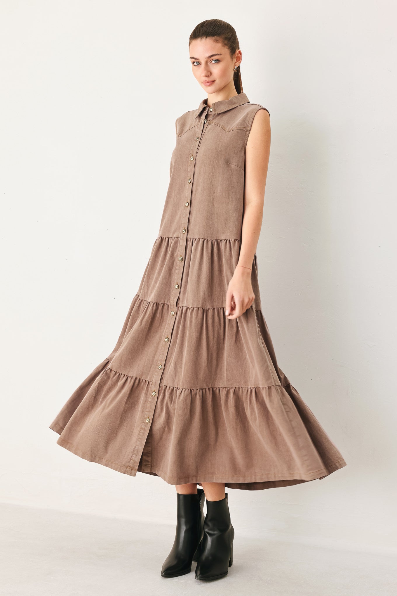 RUSTIC ROMANCE WOVEN MIDI DRESS L FLYING TOMATO BROWN / L