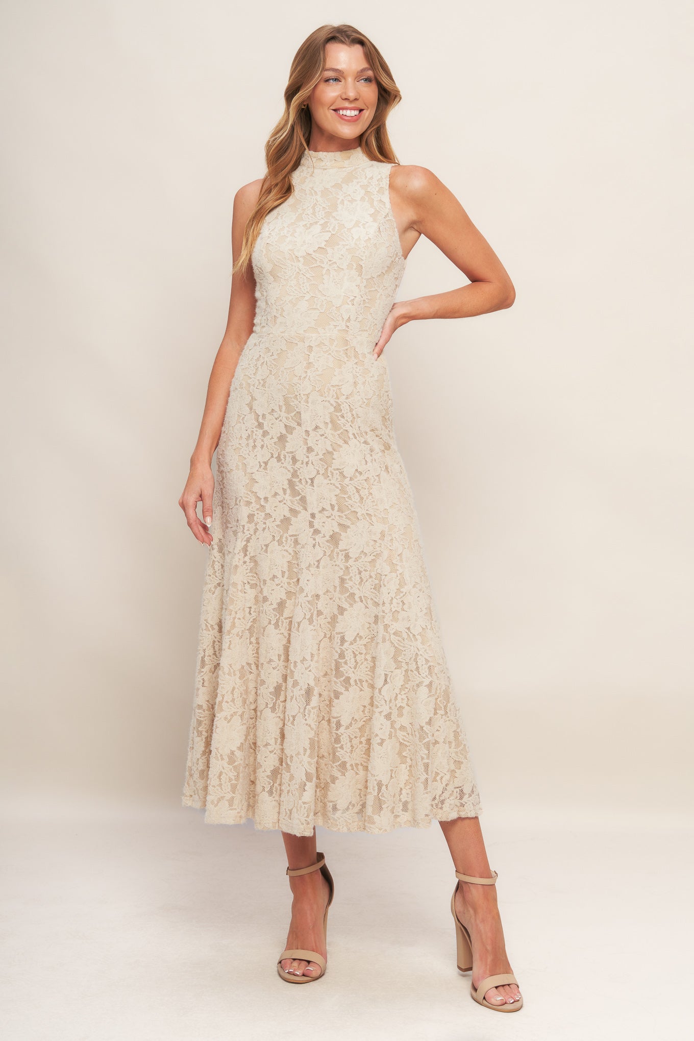 Elegant Floral Stretch Lace Midi Dress Beige / M