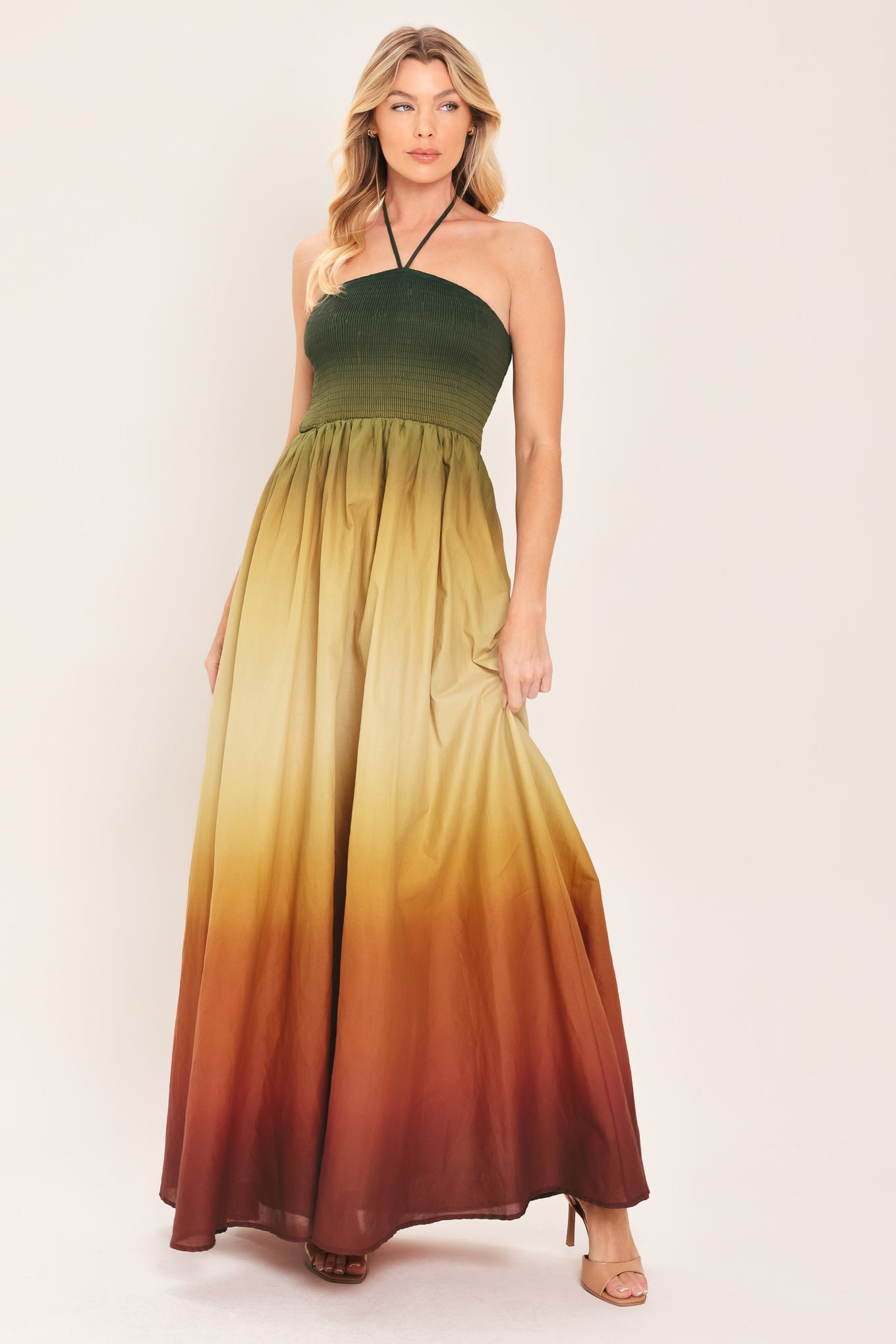 SUNSET OMBRE WOVEN MAXI DRESS, OLIVE RUST / S