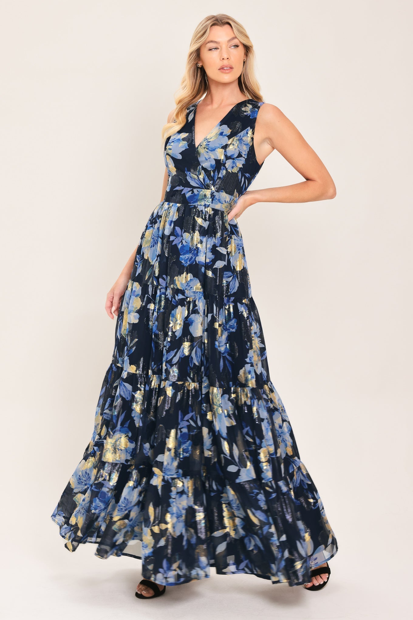 FOIL FLORAL EVENING WOVEN MAXI DRESS l FLYING TOMATO NAVY BLUE / S