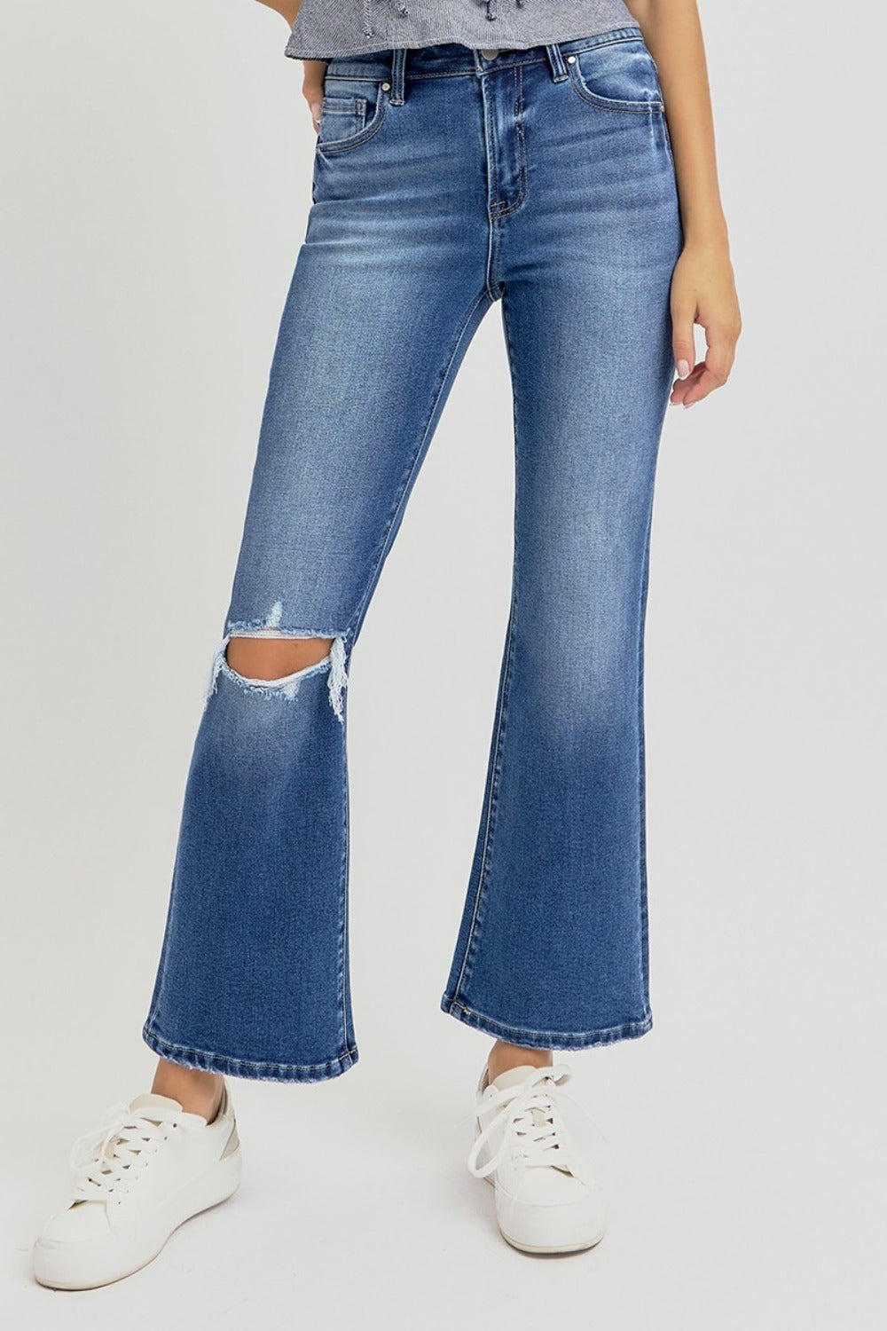 RISEN - Full Size Distressed High Rise Crop Flare Jeans