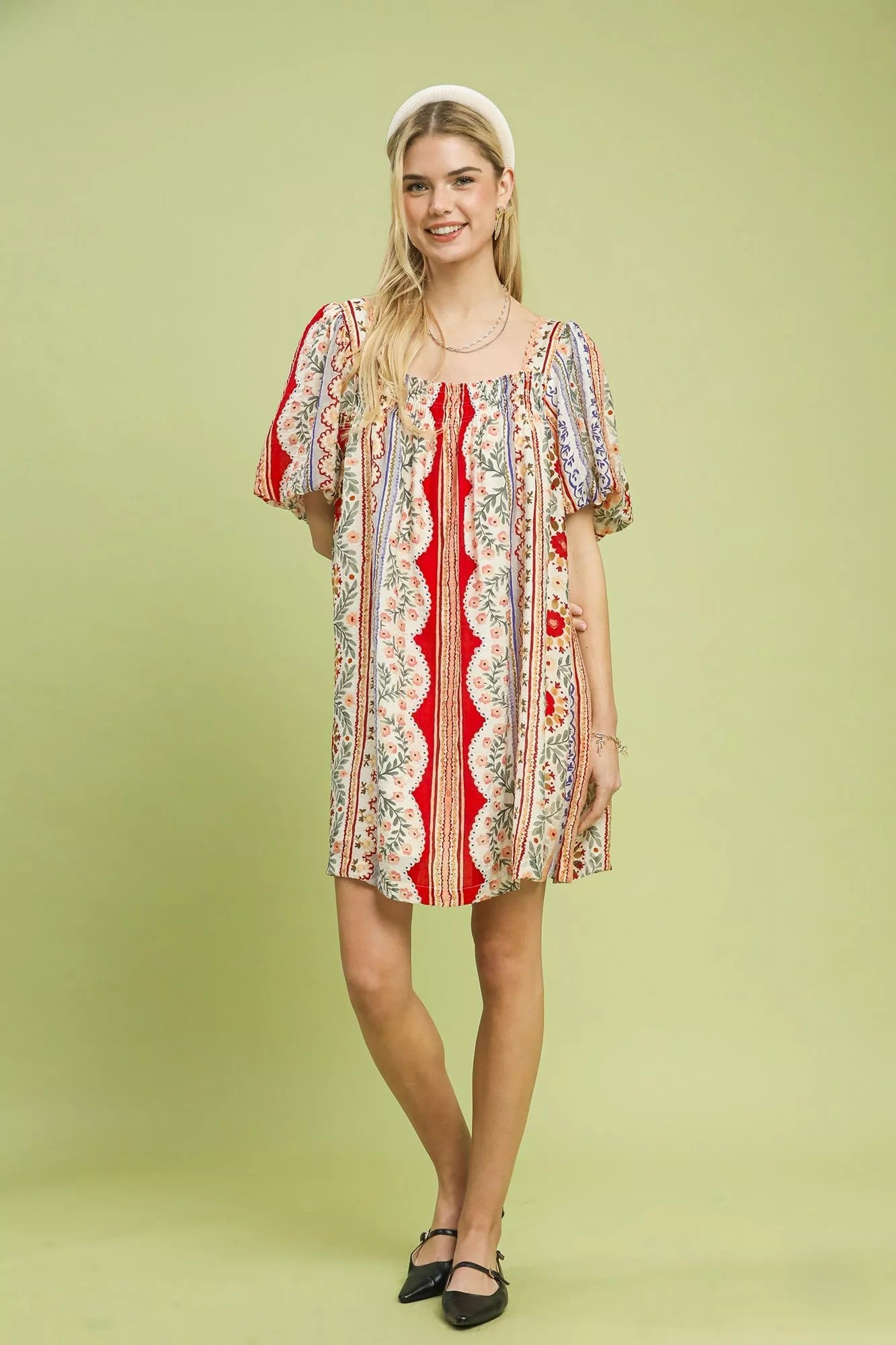 Mixed Print Puff Sleeve Mini Dress