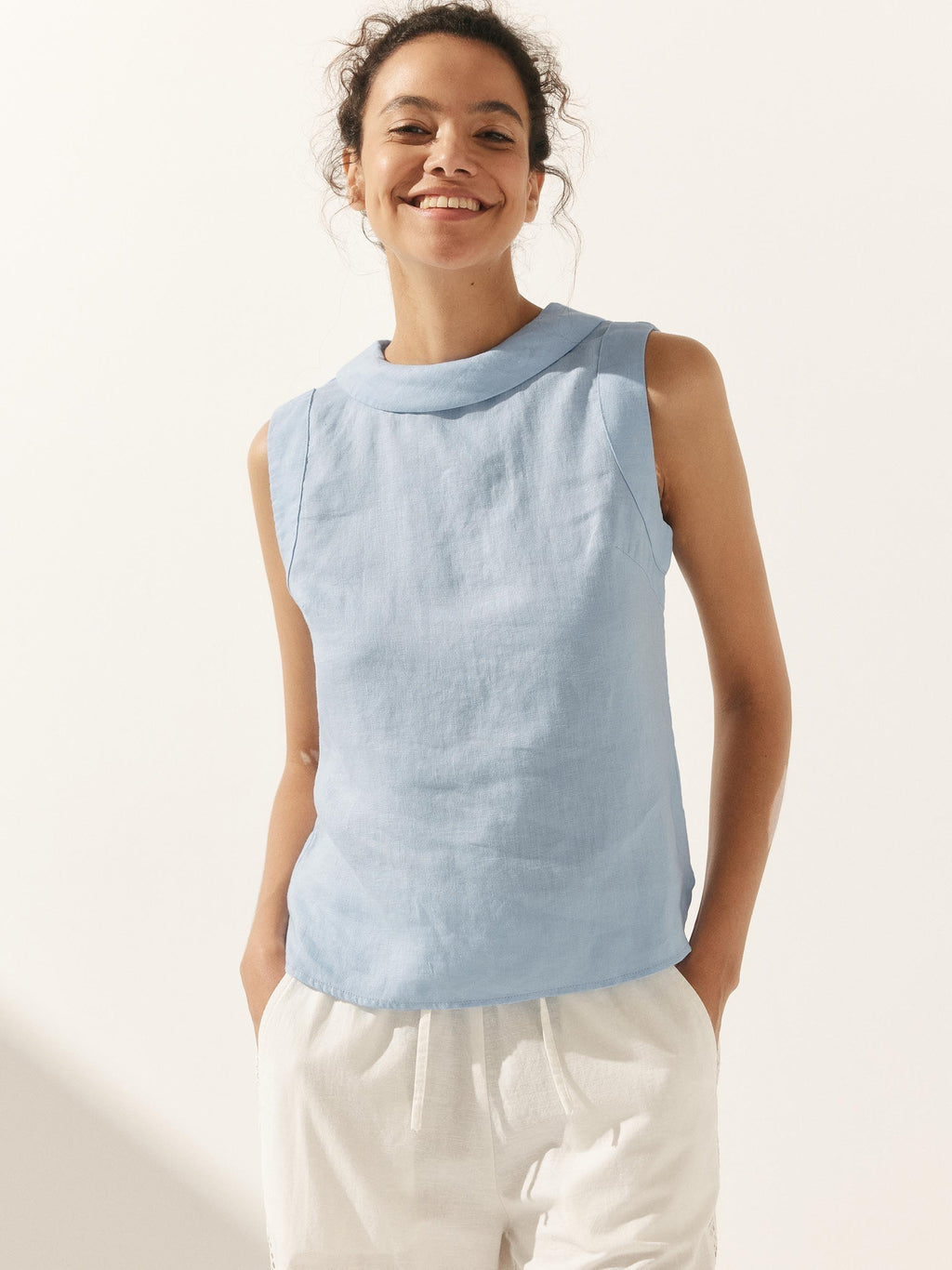 100% Linen Draped Collar Tank Top JACQUELINE