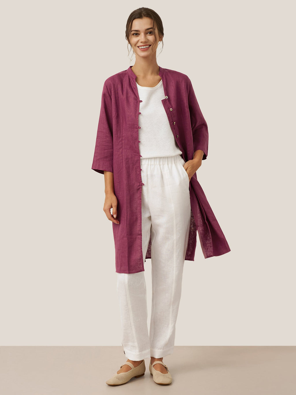 100% Linen Hand Button Long Top DILLON