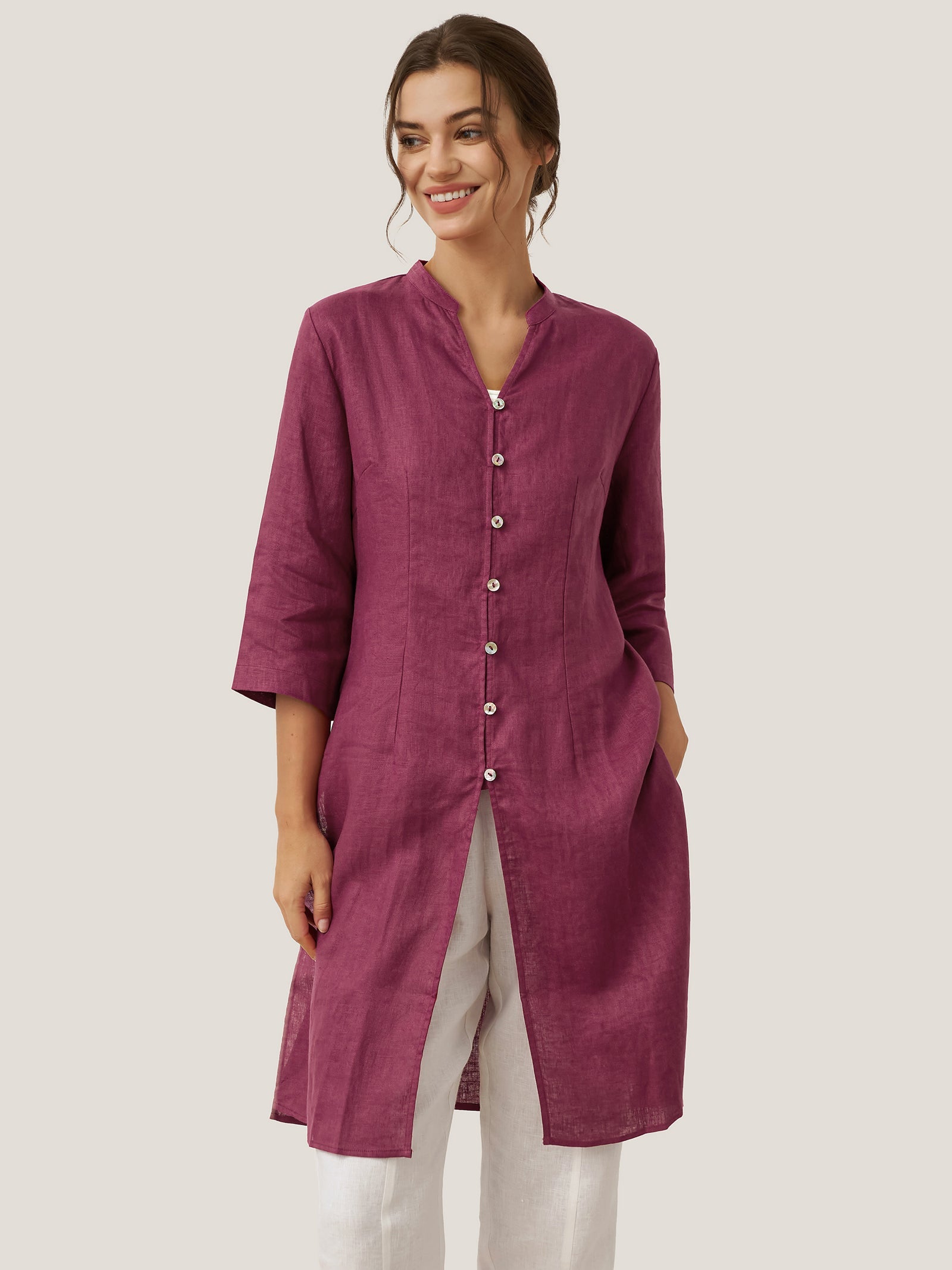 100% Linen Hand Button Long Top DILLON