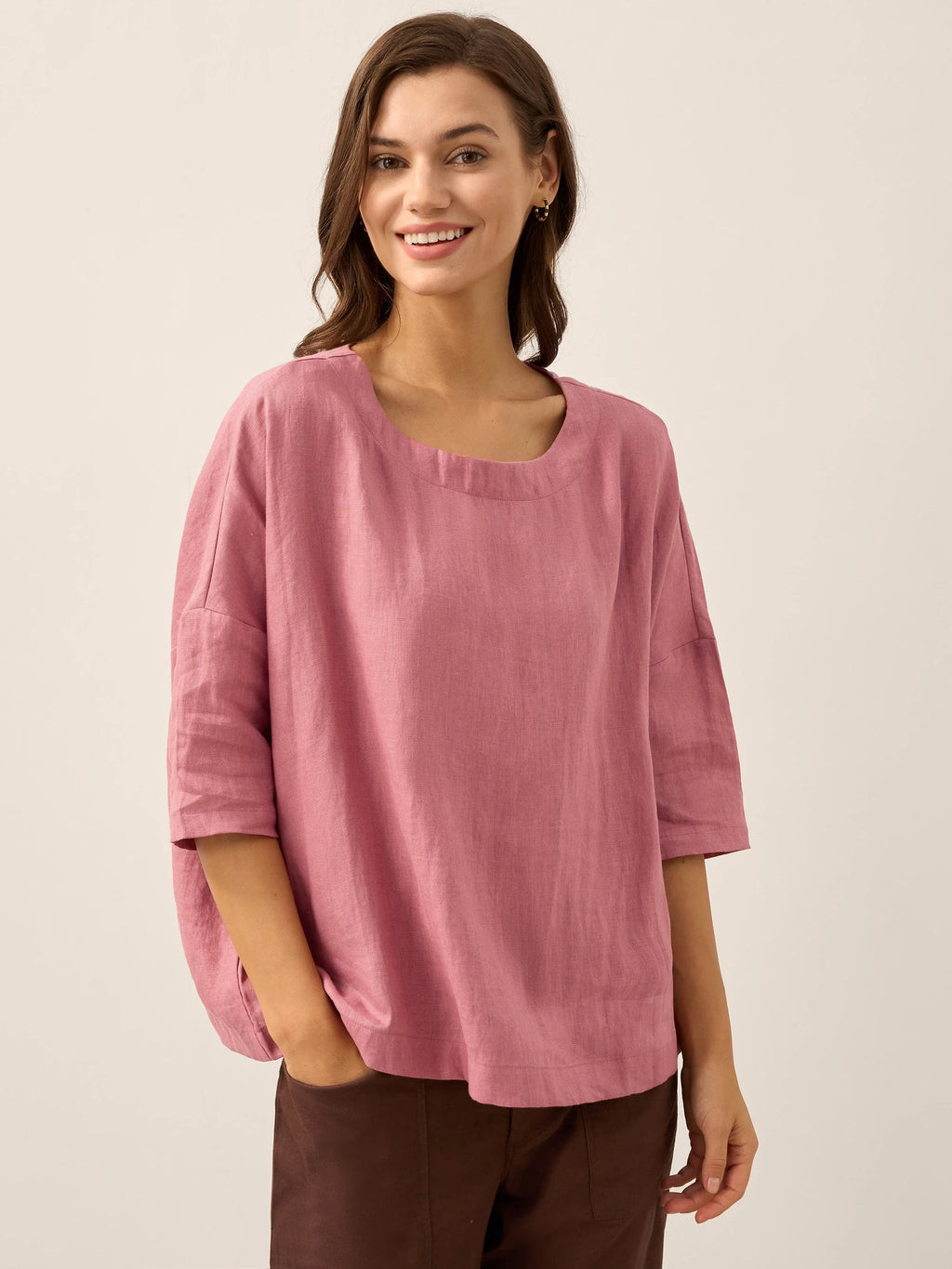 100% Linen Boatneck 3/4 Length Sleeve Top AURORA