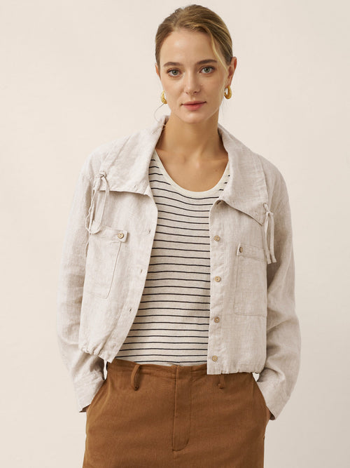 100% Linen Drawstring Convertible Lapel Jacket LAYNE