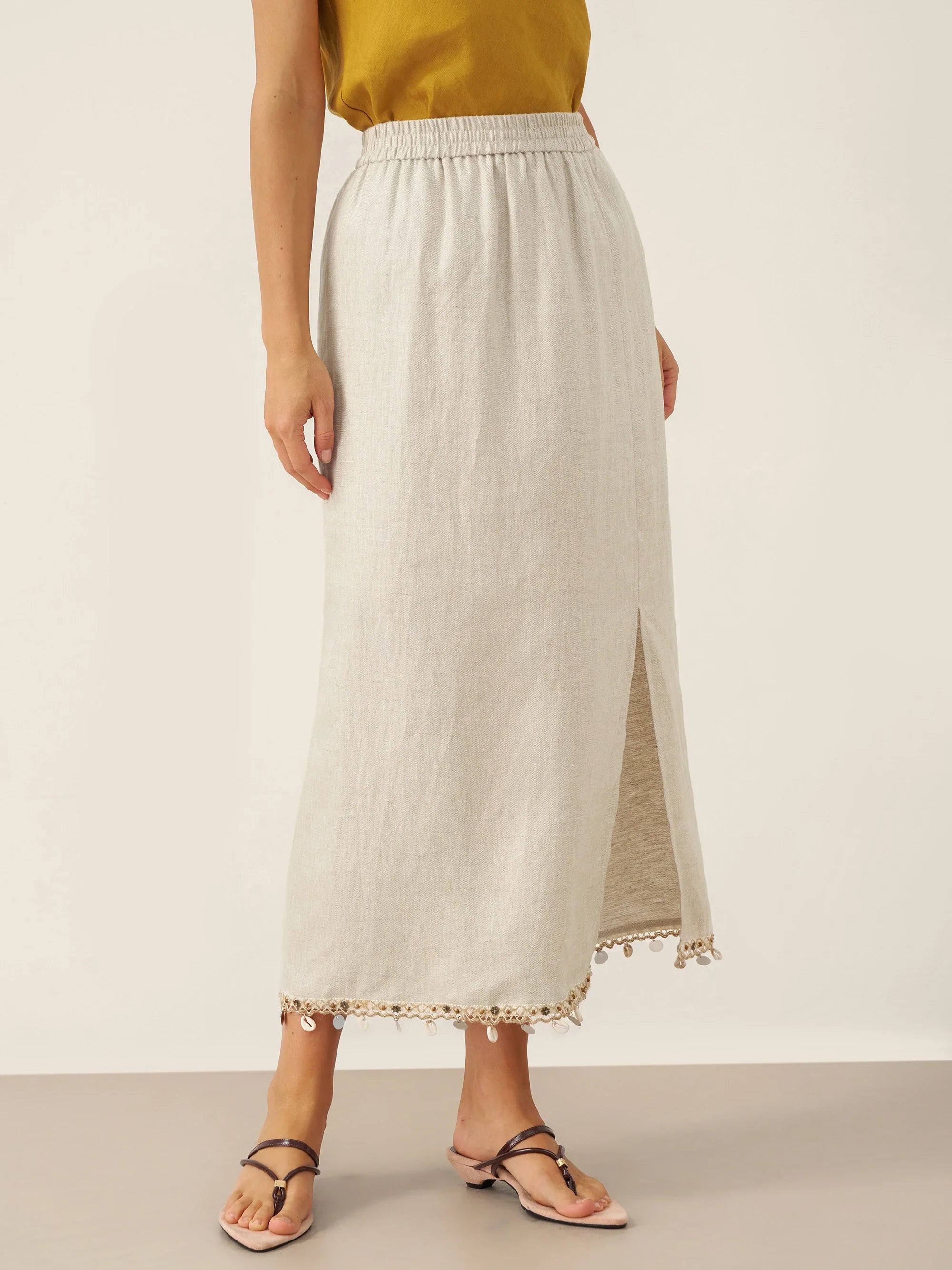 100% Linen Elastic Waist Beaded Skirt BIAN