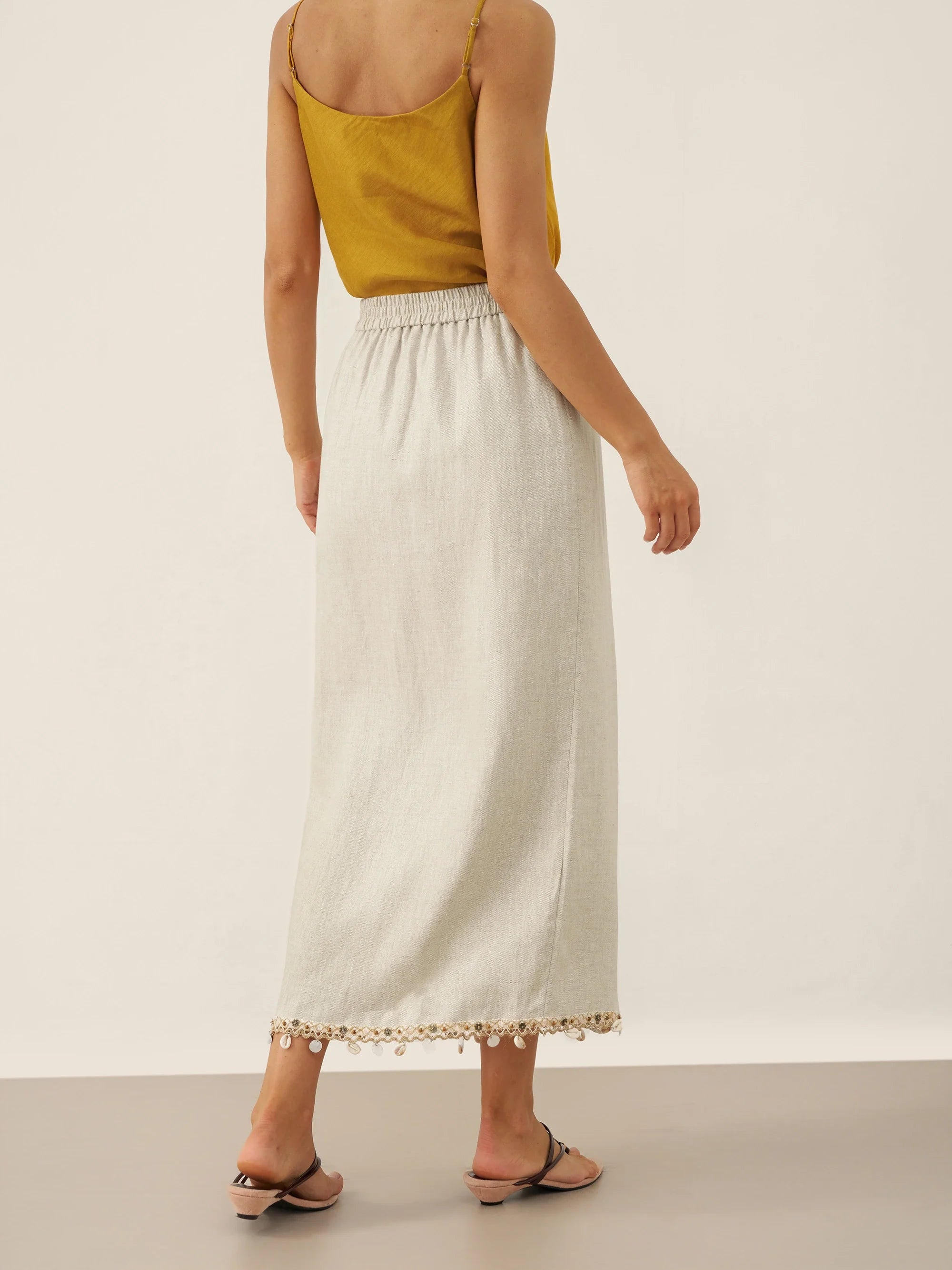 100% Linen Elastic Waist Beaded Skirt BIAN