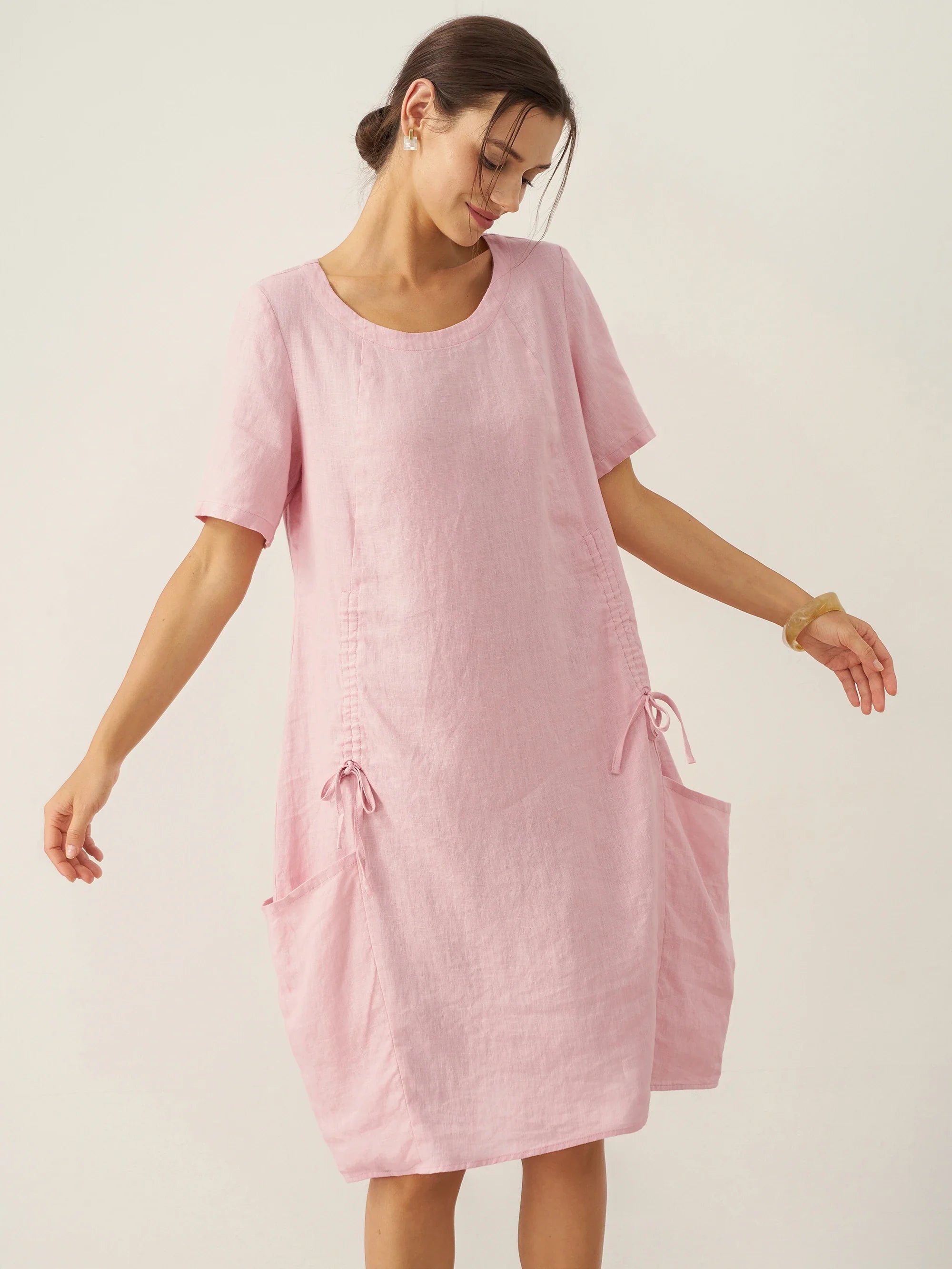 100% Linen Round Neck Patch Pocket Midi Dress XENA