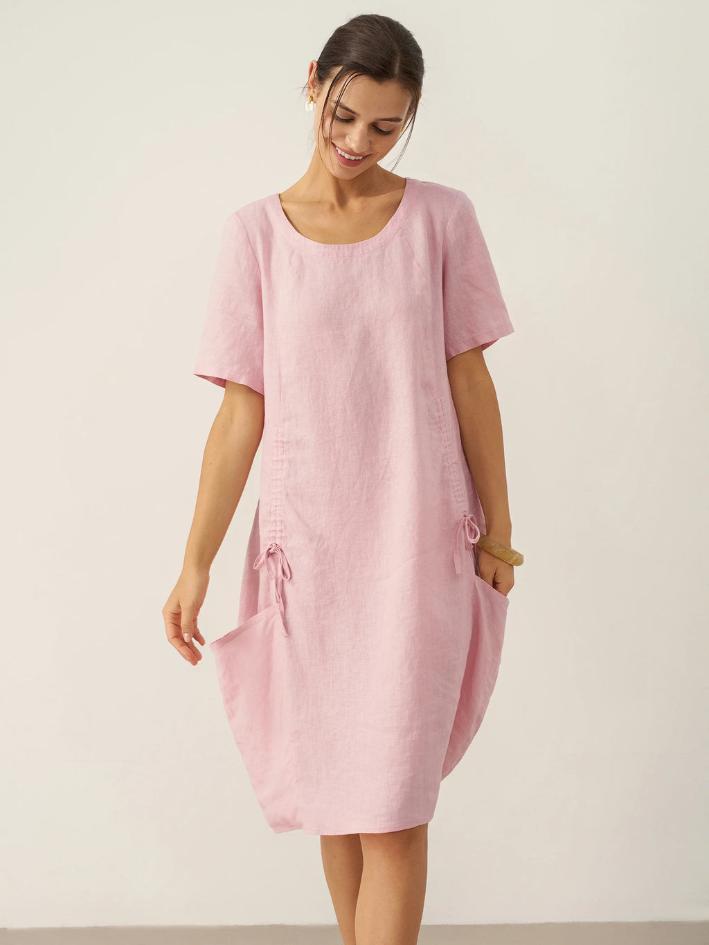 100% Linen Round Neck Patch Pocket Midi Dress XENA