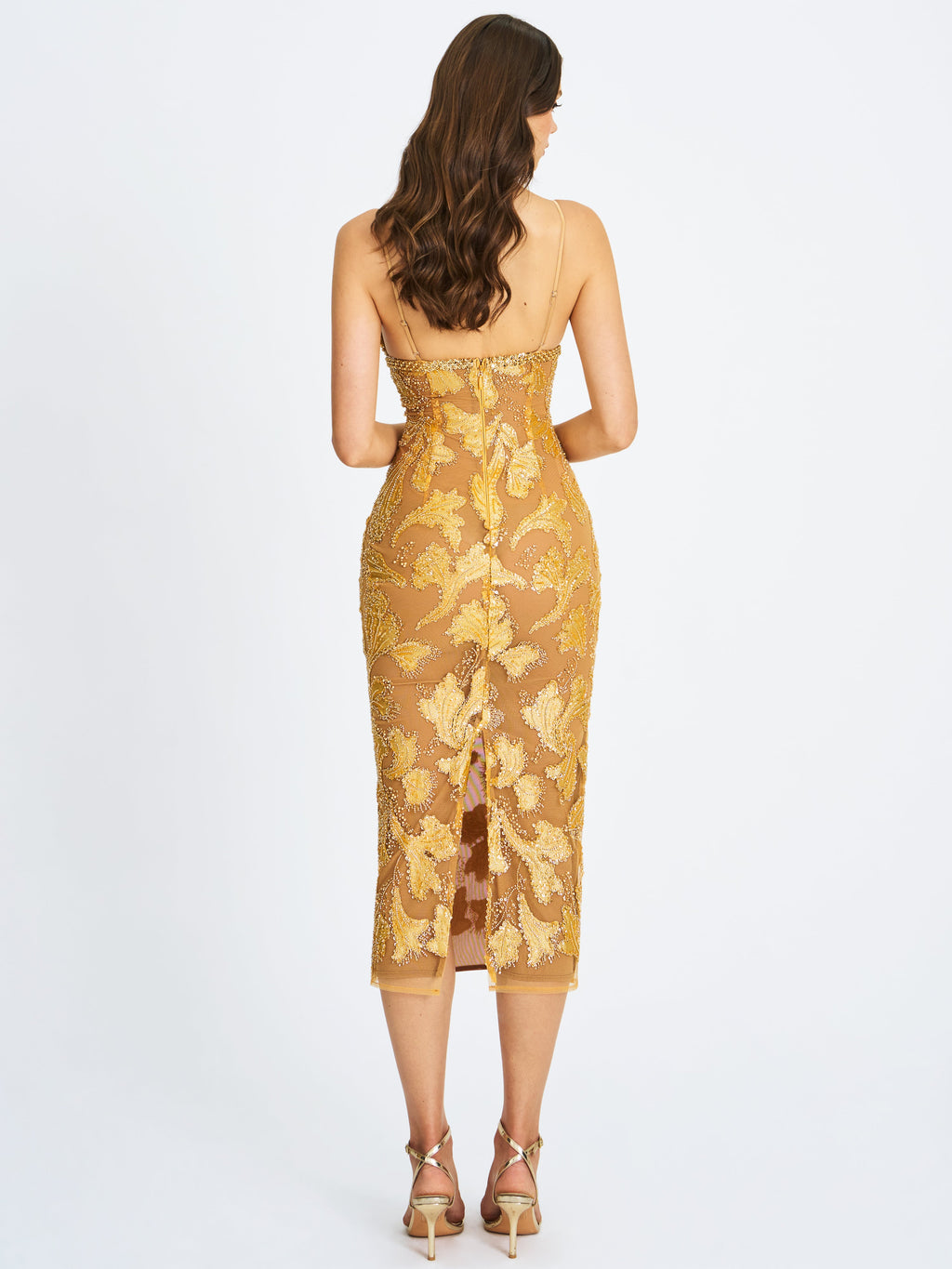 Edie Gold Beaded Sequin Midi Pencil Dress