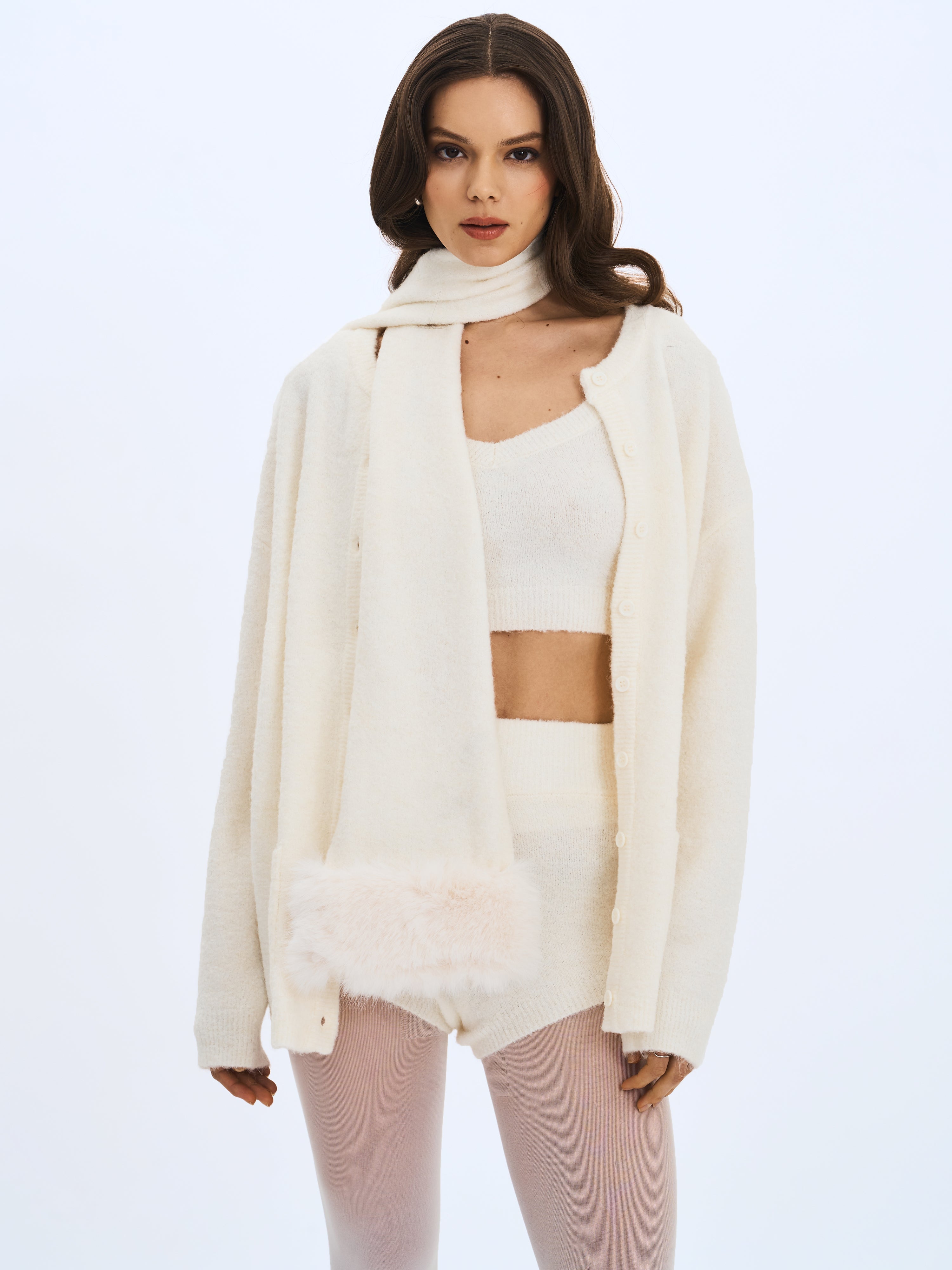 Orla White Wool-Blend Ribbed Knit Cardigan