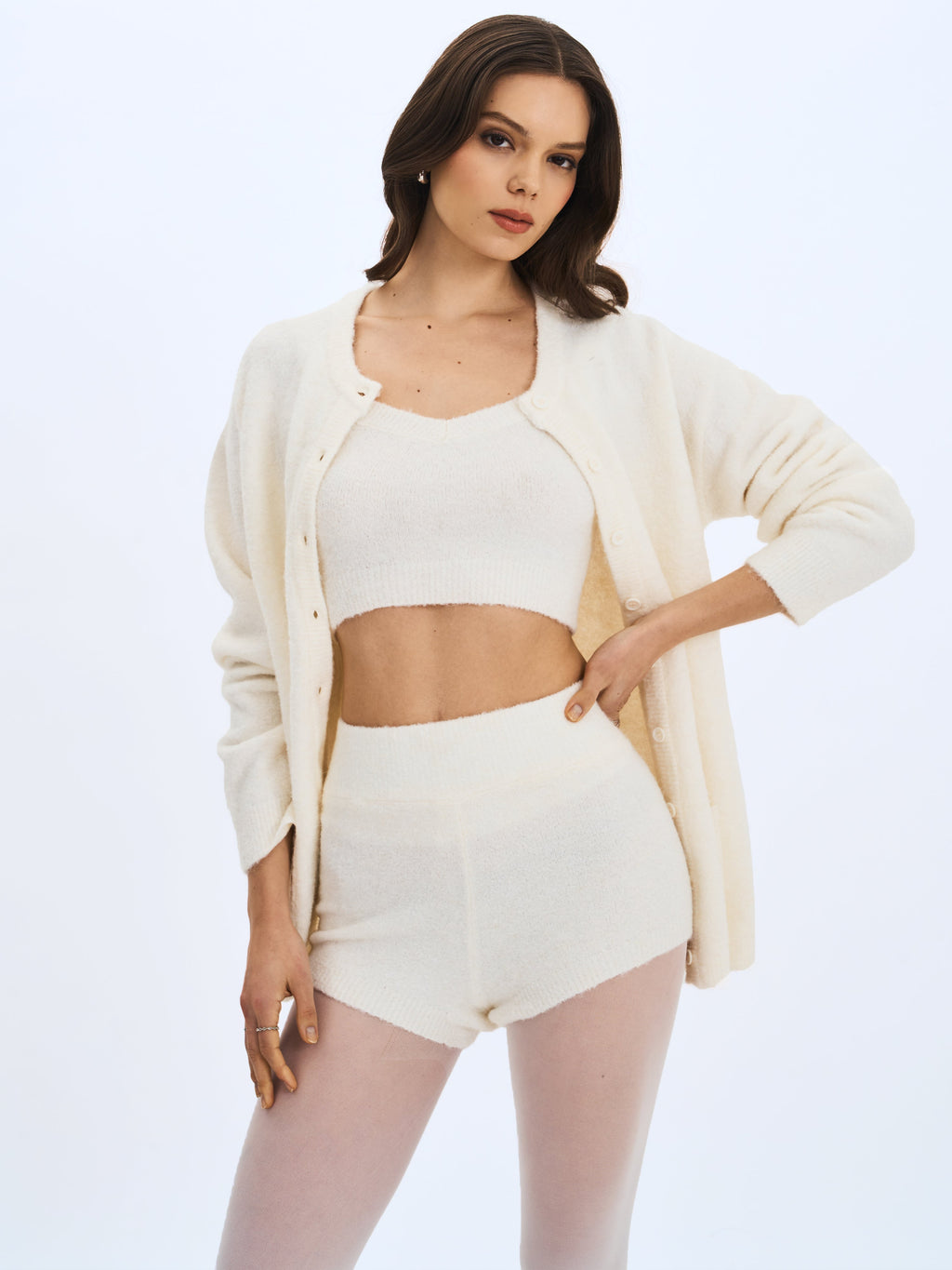 Orla White Wool-Blend Ribbed Knit Cardigan