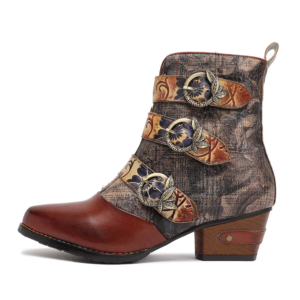 Retro Handmade Vintage Embossed Buckle Leather Boots