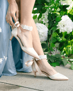 Satin Pointy Toe Kitten Low Heel with Perla Ankle Strap