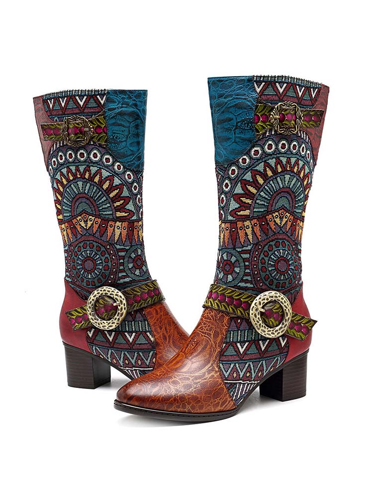 Bohemian Leather Splicing Pattern High Tube Boots