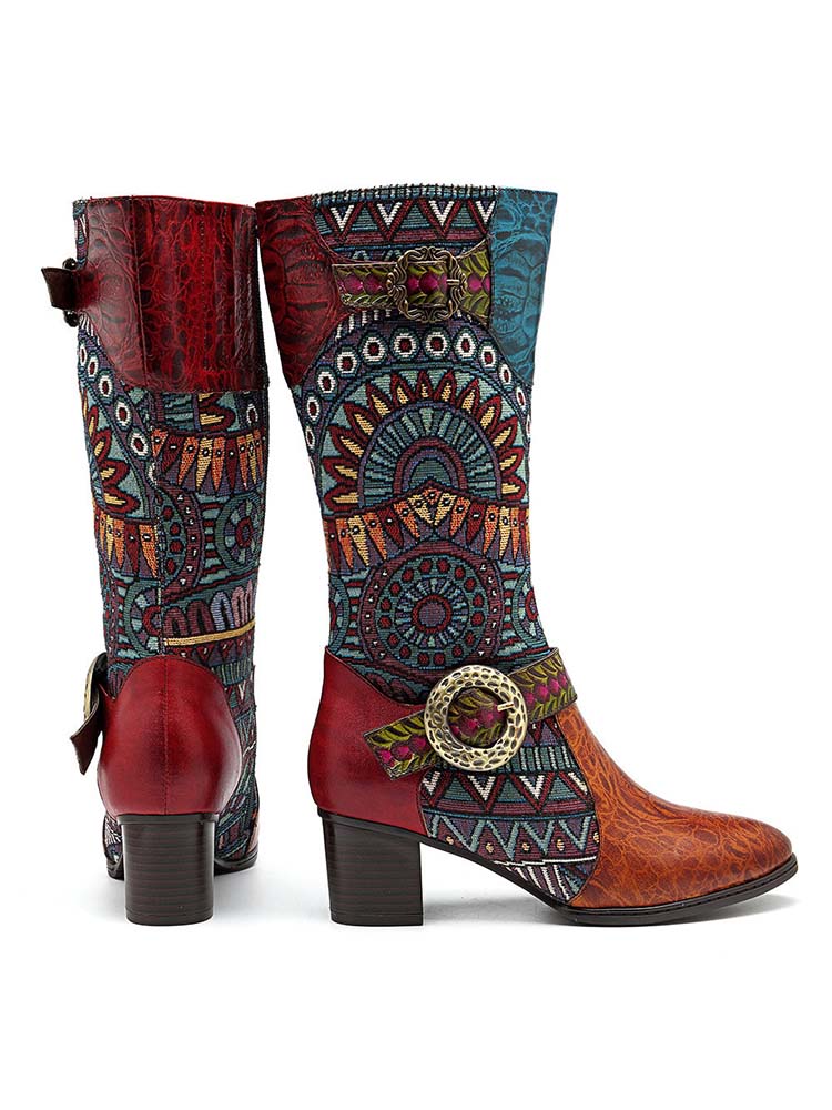 Bohemian Leather Splicing Pattern High Tube Boots