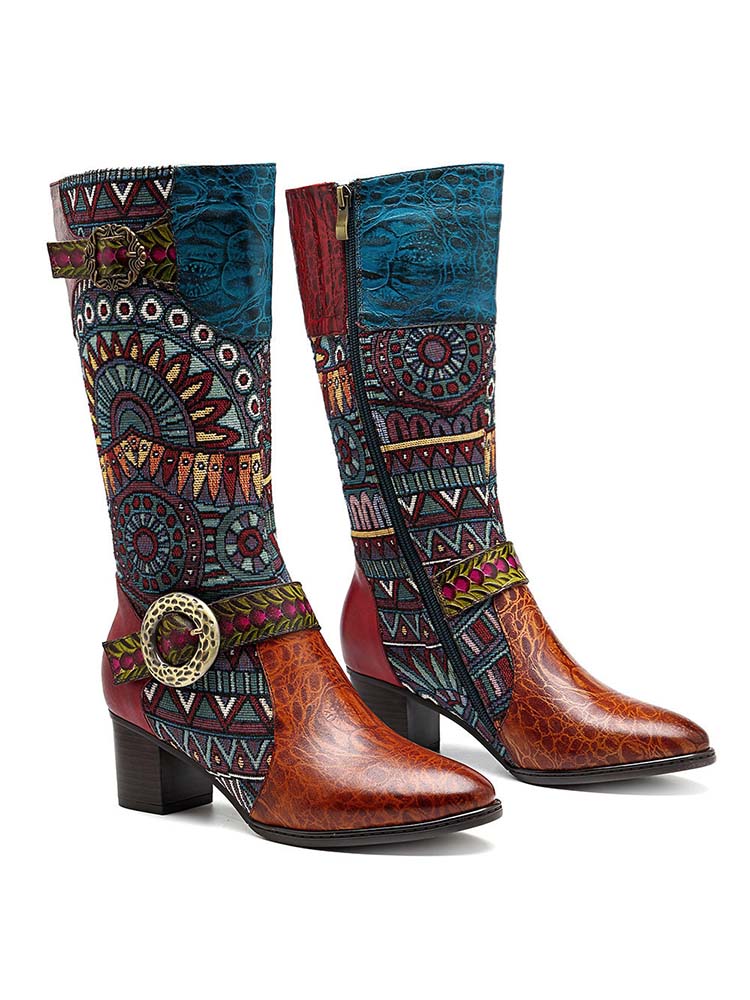 Bohemian Leather Splicing Pattern High Tube Boots