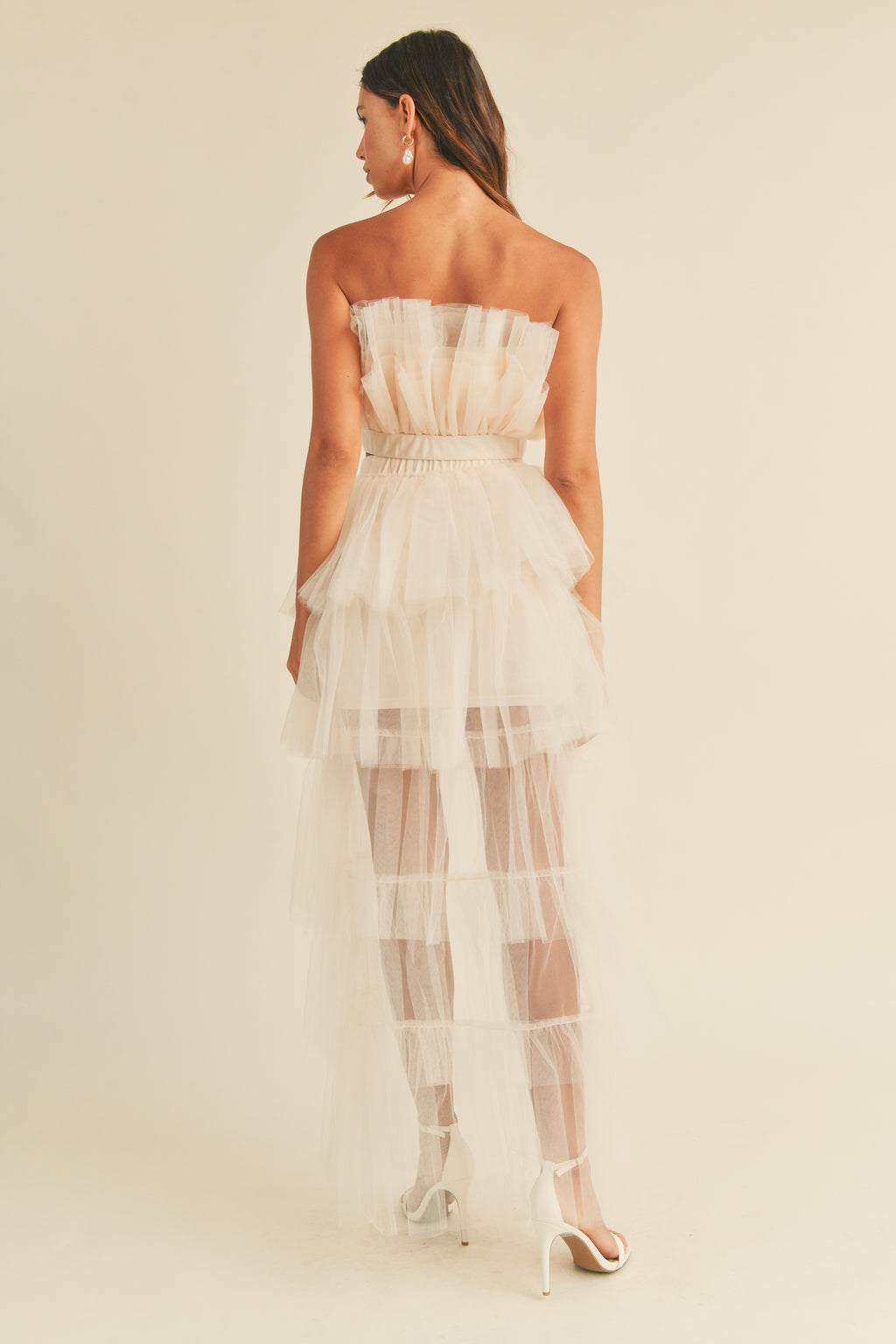 MABLE Tulle Tube Ruffle Crop Top and High Low Maxi Skirt Set