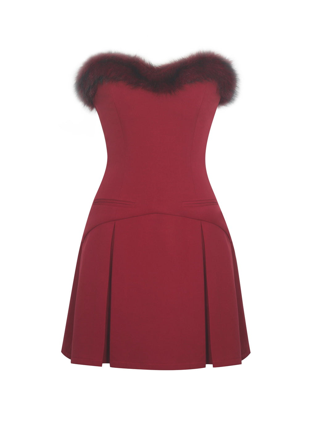 Nalia Crimson Fur Trimmed Sweetheart Mini Dress