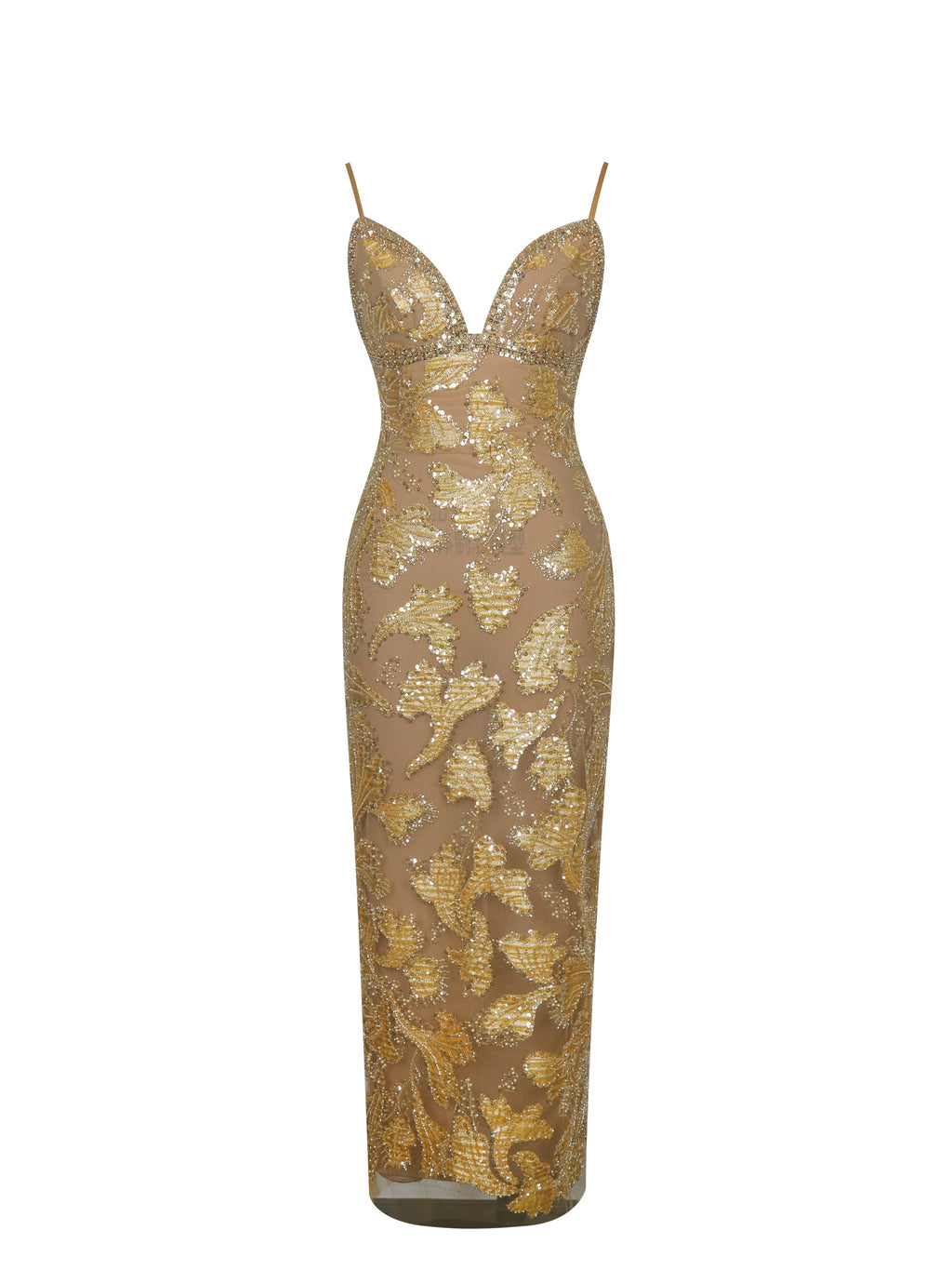 Edie Gold Beaded Sequin Midi Pencil Dress
