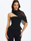 Quinette Black Peplum Top with Beaded Asymmetrical Cape
