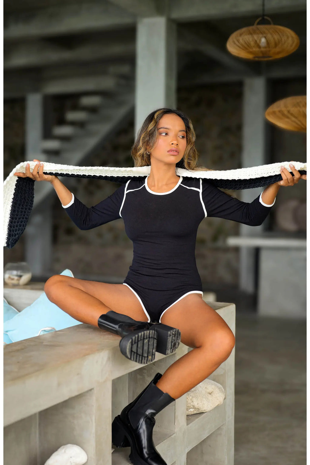 The Girl 3/4 Sleeve Second Skin Active Bodysuit In Black | Lenzing™ Viscose Stretch Fit