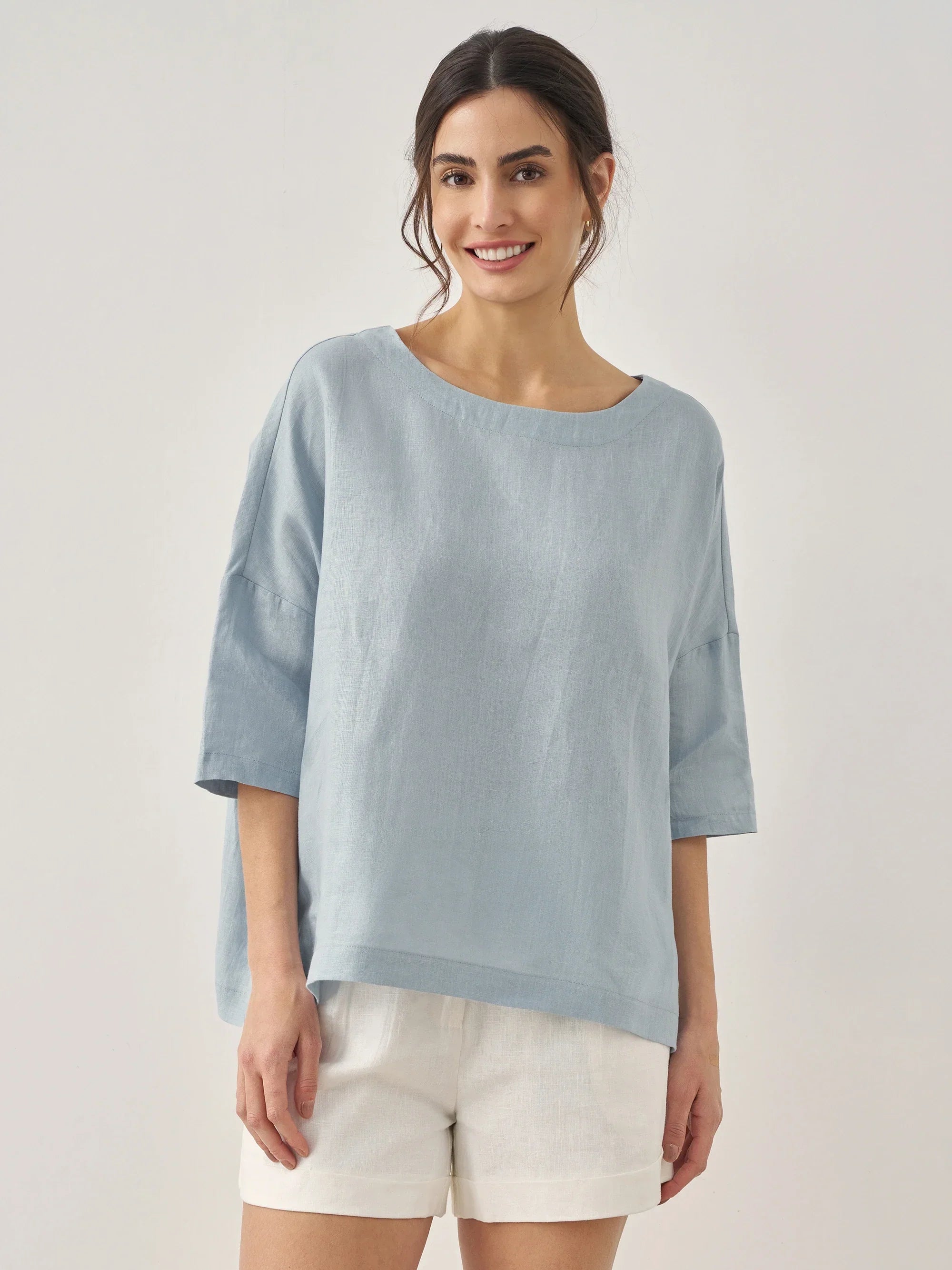 100% Linen Boatneck 3/4 Length Sleeve Top AURORA