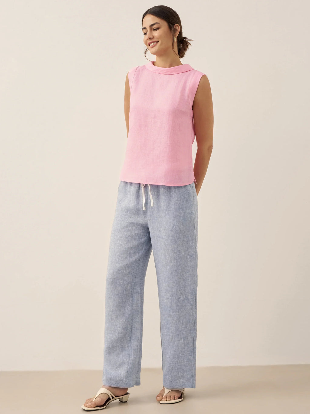 100% Linen Draped Collar Tank Top JACQUELINE