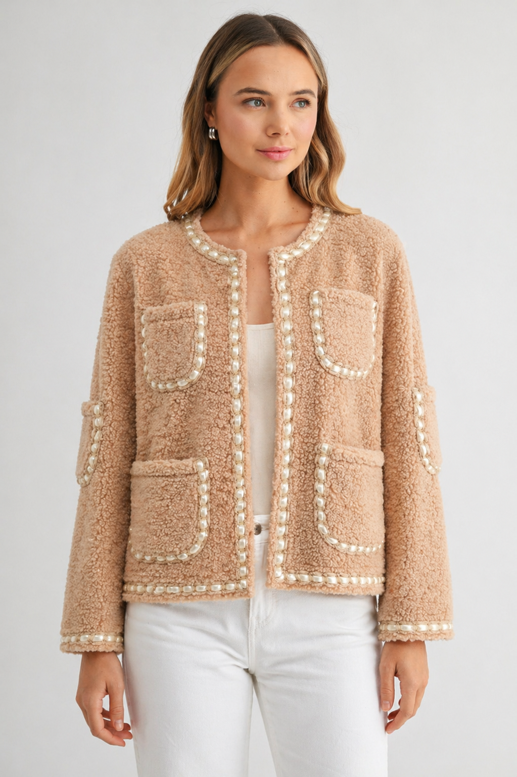 Judy Sherpa Jacket with Braided Ribbon Trim