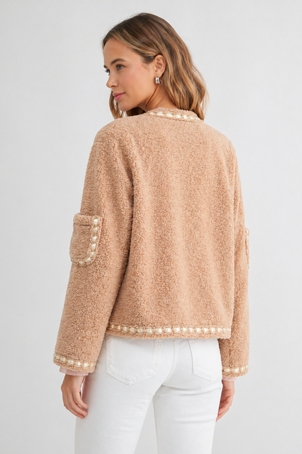 Judy Sherpa Jacket with Braided Ribbon Trim