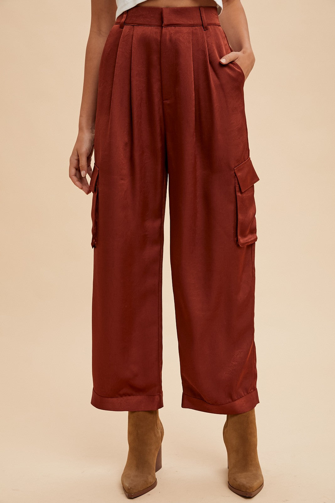 Annie Wear Wide Leg Cargo Satin Pants