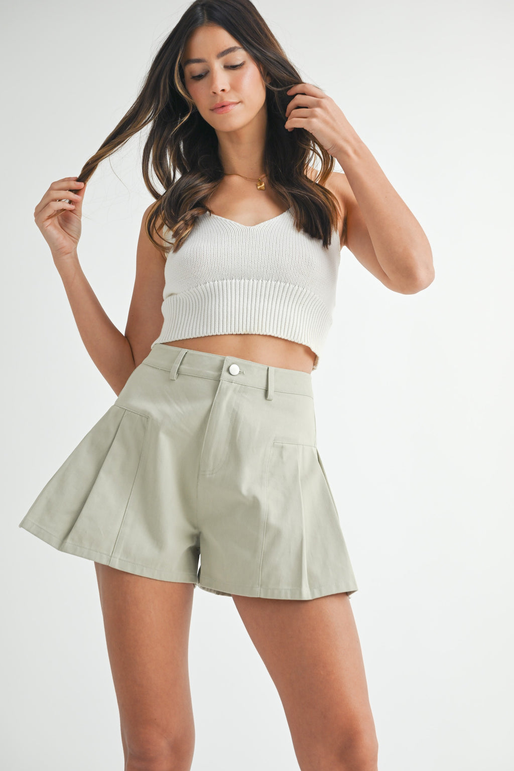 MABLE Pleated High Waist Twill Shorts