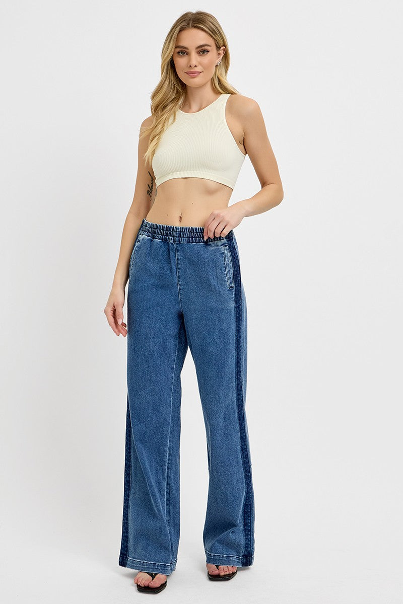 RISEN - Full Size Elastic Waist Wide Leg Jeans
