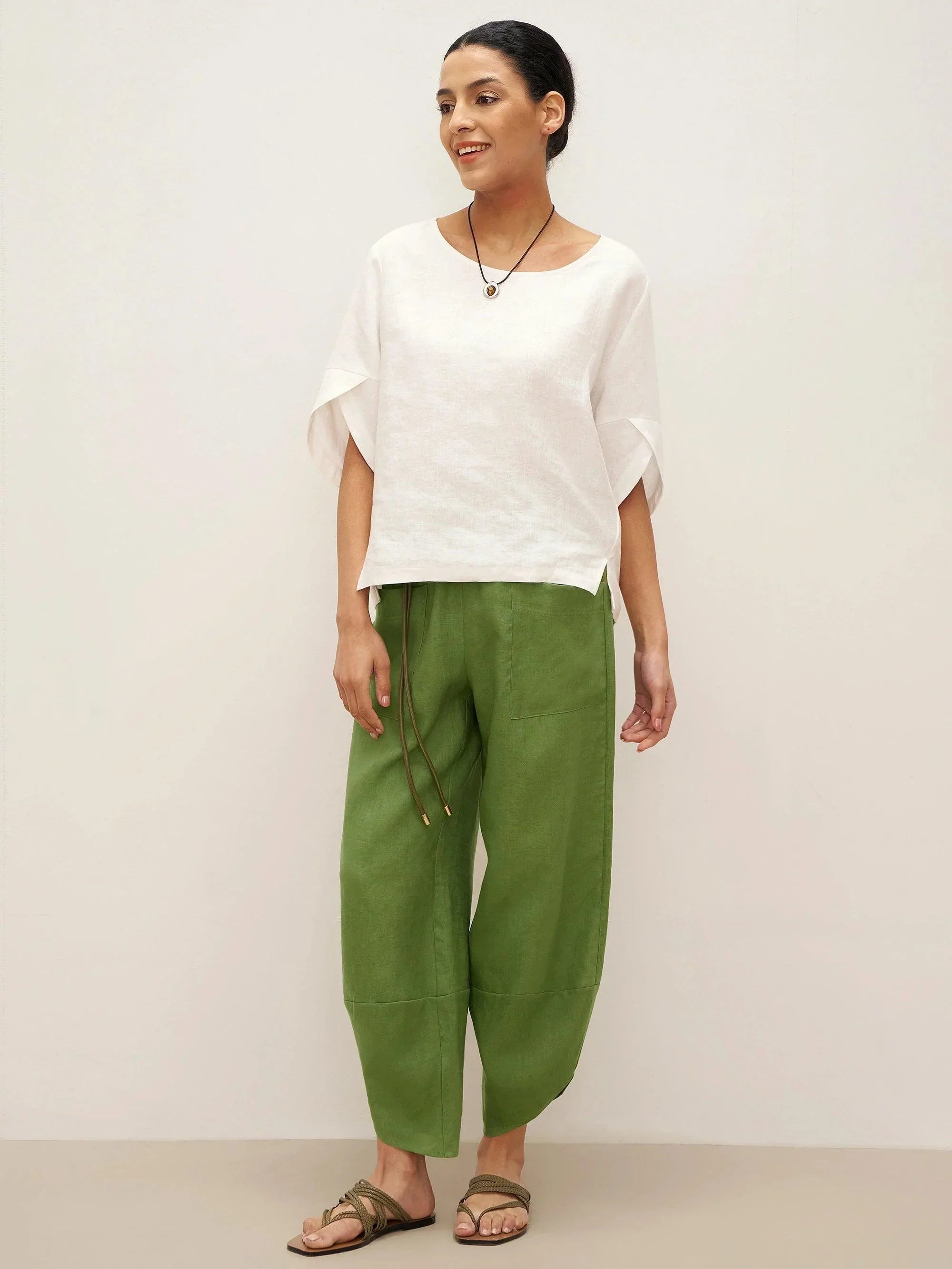 100% Linen Round Neck Petal-Sleeve Pullover LAUREL