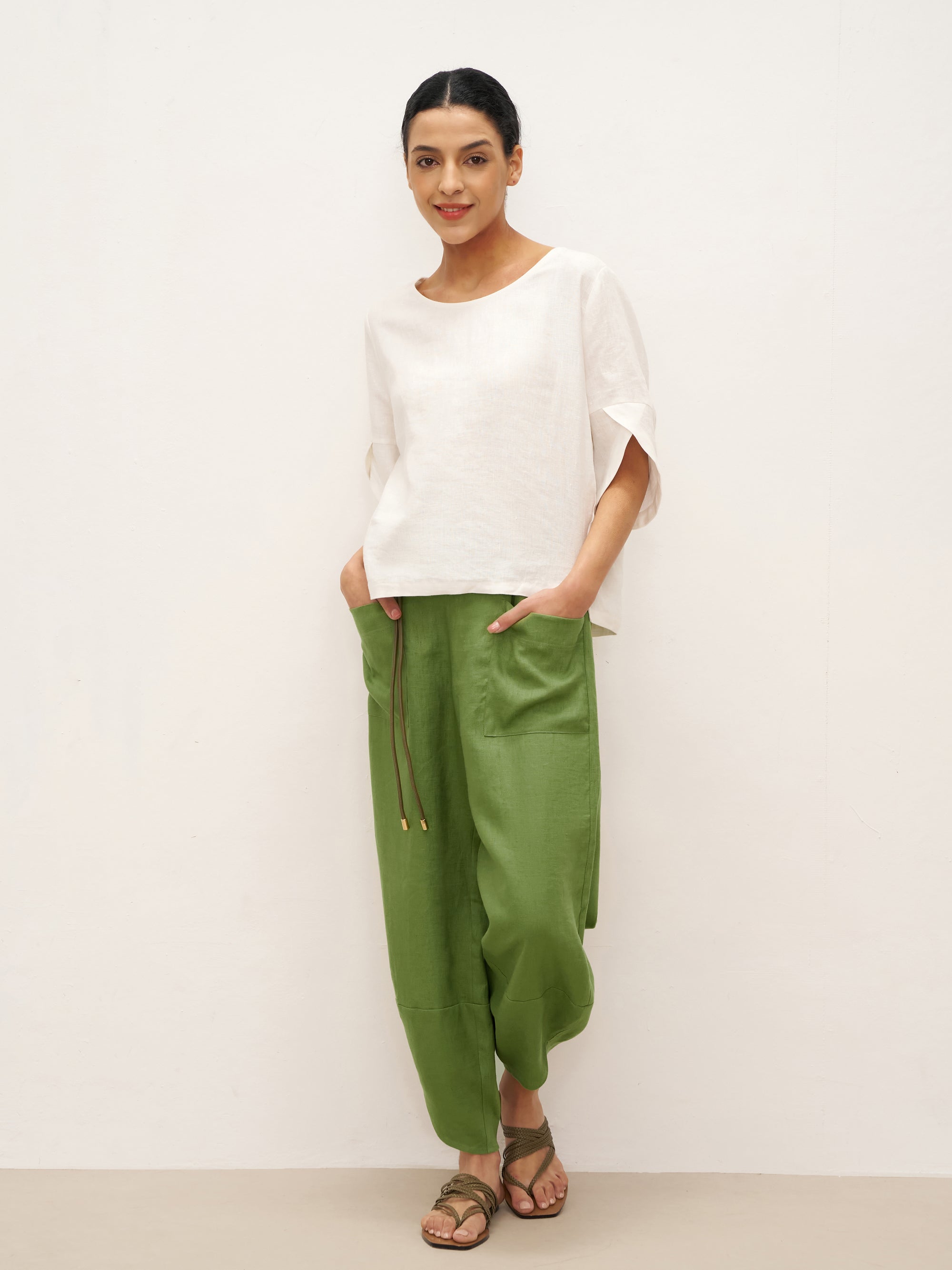 100% Linen Round Neck Petal-Sleeve Pullover LAUREL