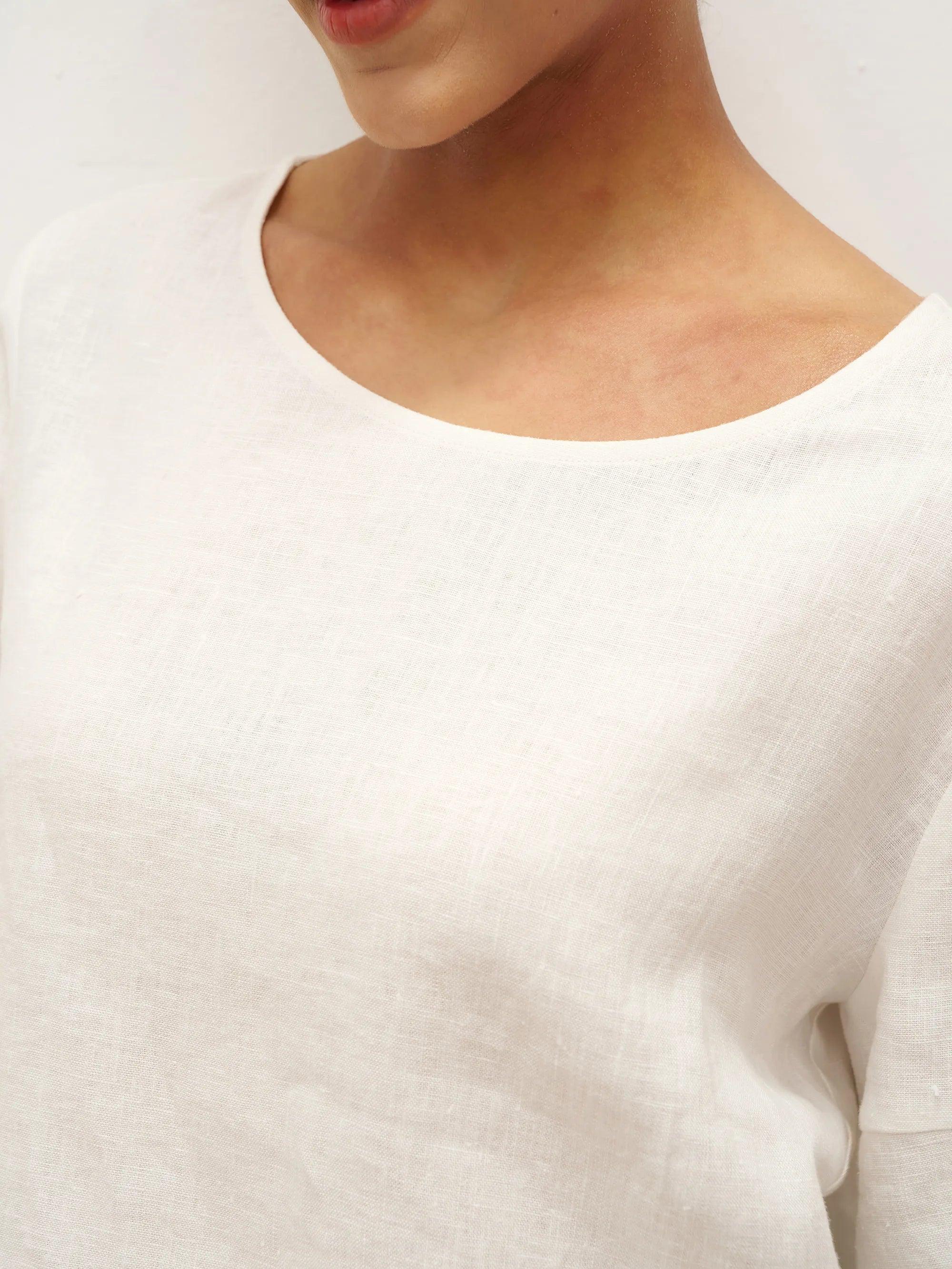 100% Linen Round Neck Petal-Sleeve Pullover LAUREL