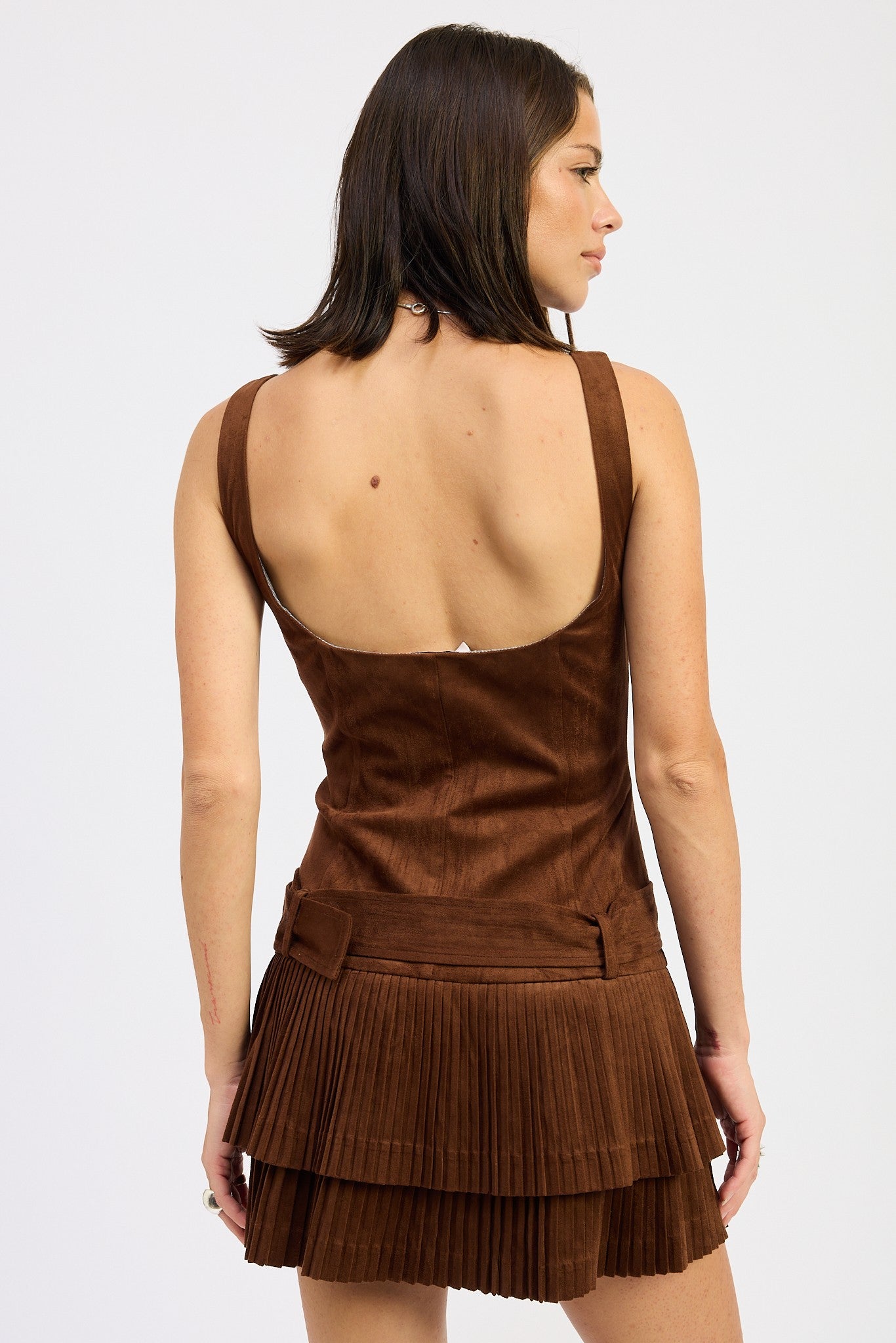 BELTED SUEDE PLEAT MINI DRESS