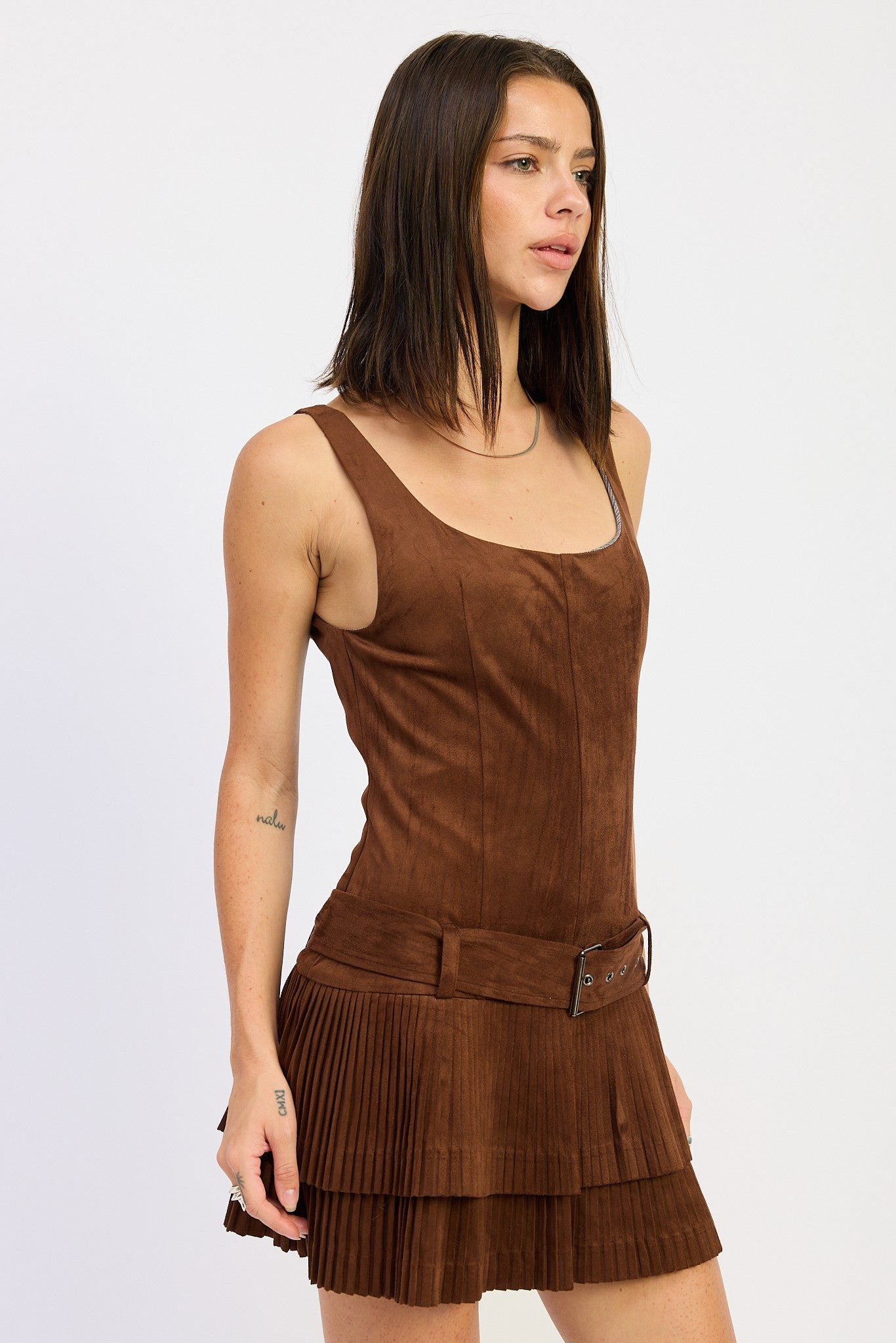 BELTED SUEDE PLEAT MINI DRESS