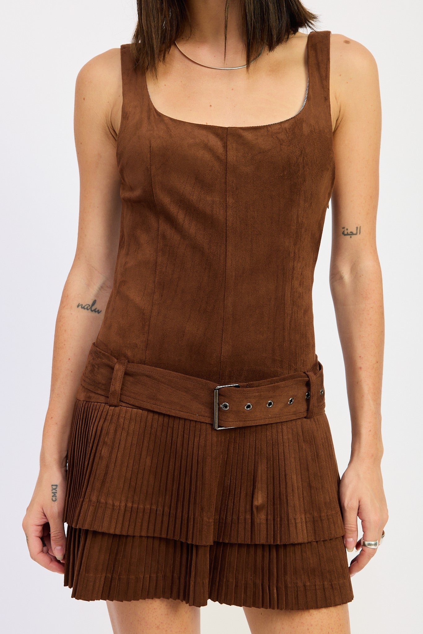 BELTED SUEDE PLEAT MINI DRESS