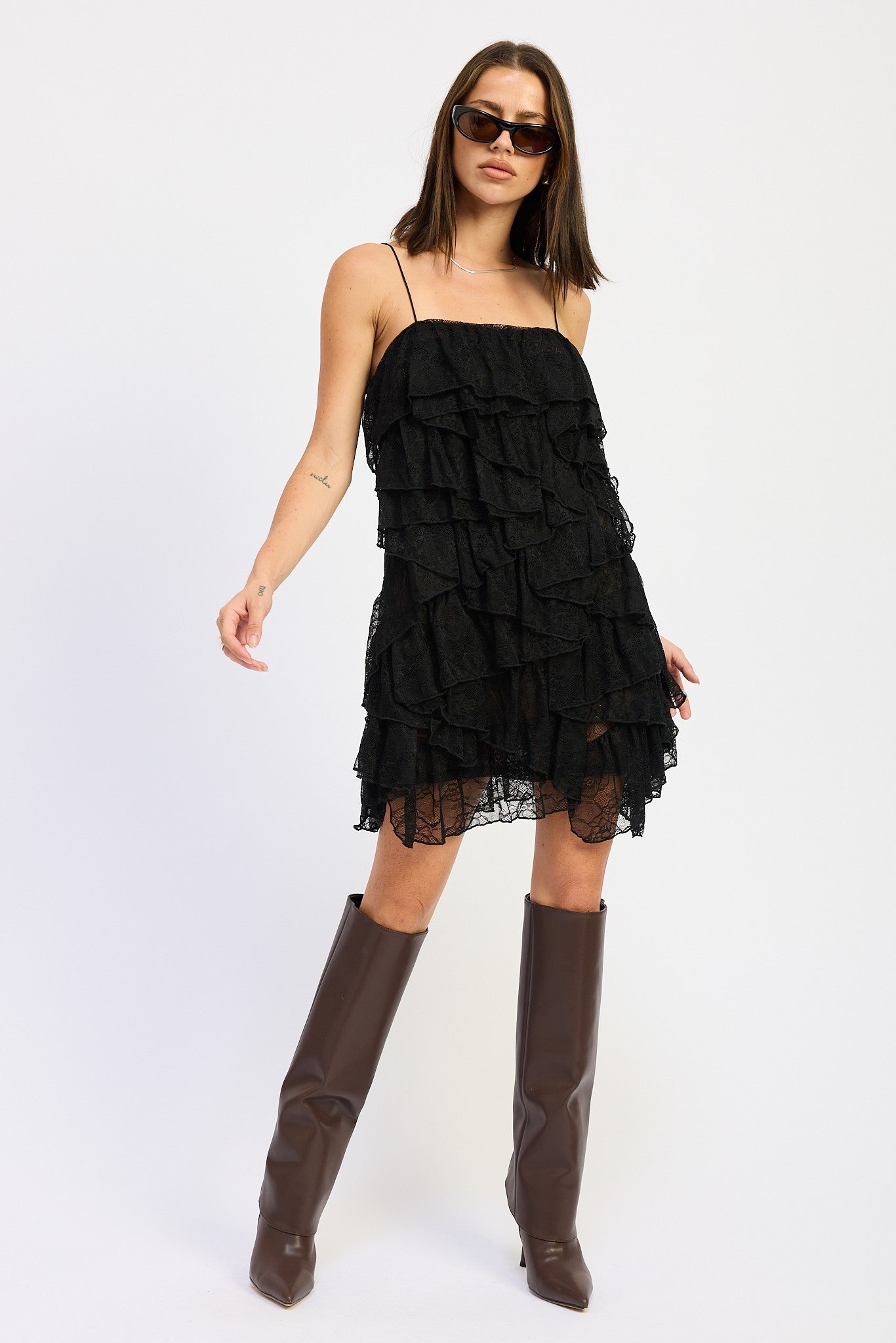 LACE RUFFLE MINI DRESS WITH SPAGHETTI STRAPS