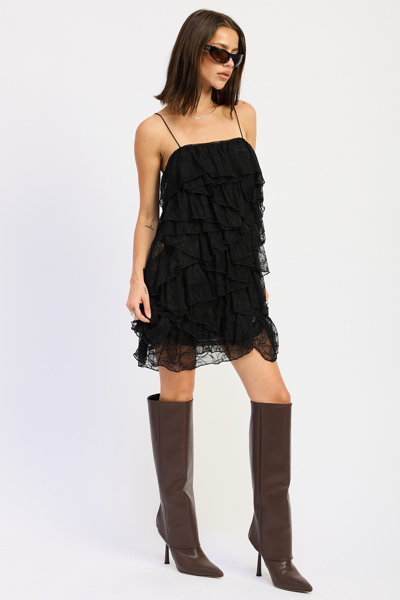 LACE RUFFLE MINI DRESS WITH SPAGHETTI STRAPS