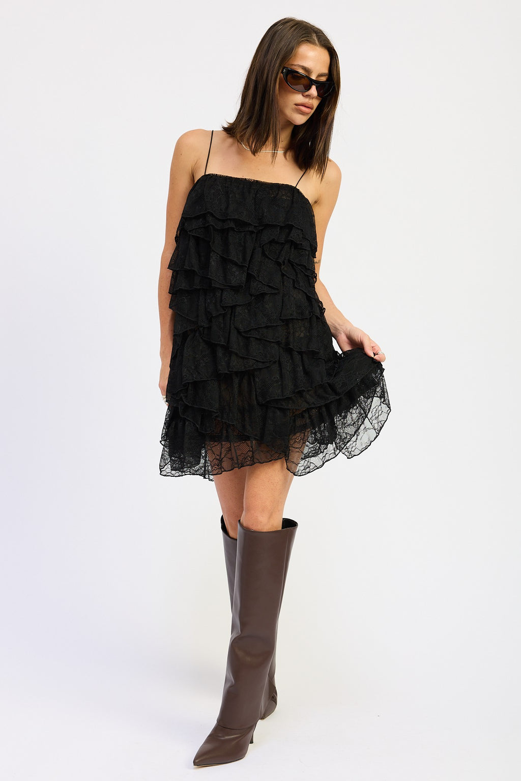 LACE RUFFLE MINI DRESS WITH SPAGHETTI STRAPS