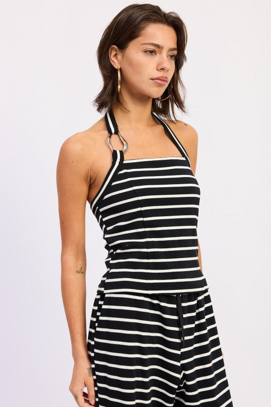 Black/White STRIPED HARDWARE HALTER TOP