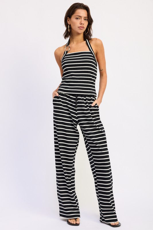 Black/White STRIPED HARDWARE HALTER TOP
