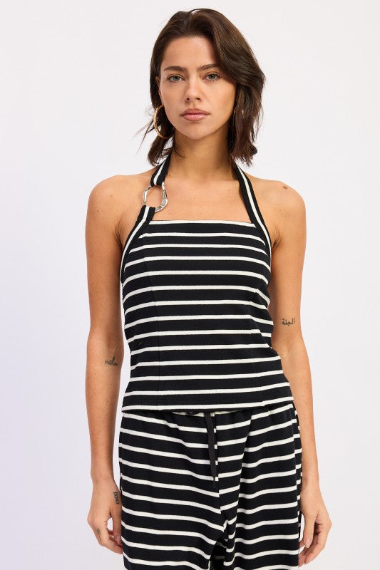 Black/White STRIPED HARDWARE HALTER TOP