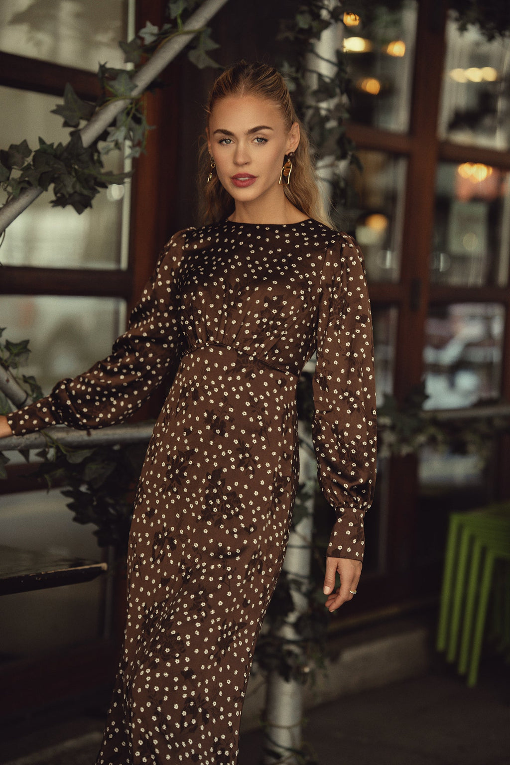 Marlo Dress Long Sleeves- Brown Polka Dot Flowers