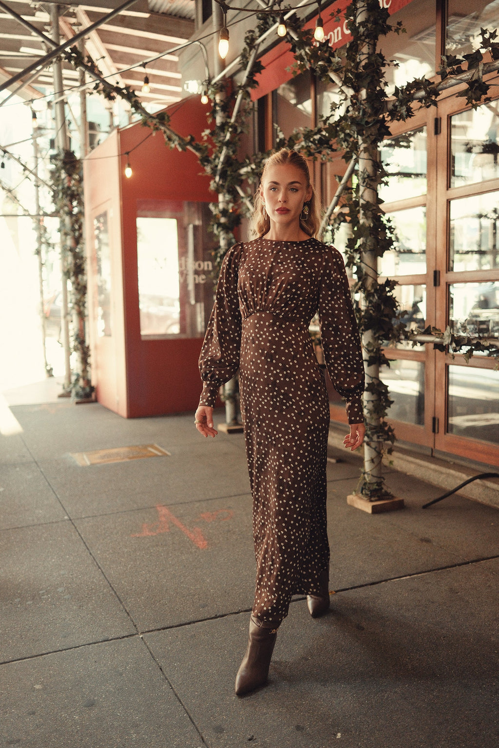 Marlo Dress Long Sleeves- Brown Polka Dot Flowers